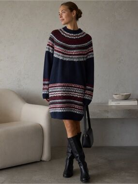 Treasure & Bond Fair Isle Sweater Dress Navy Red Nordic Knit Medium